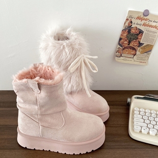 喜叔粉色毛茸茸套筒雪地靴女冬2025新款加绒保暖棉鞋厚底毛毛短靴