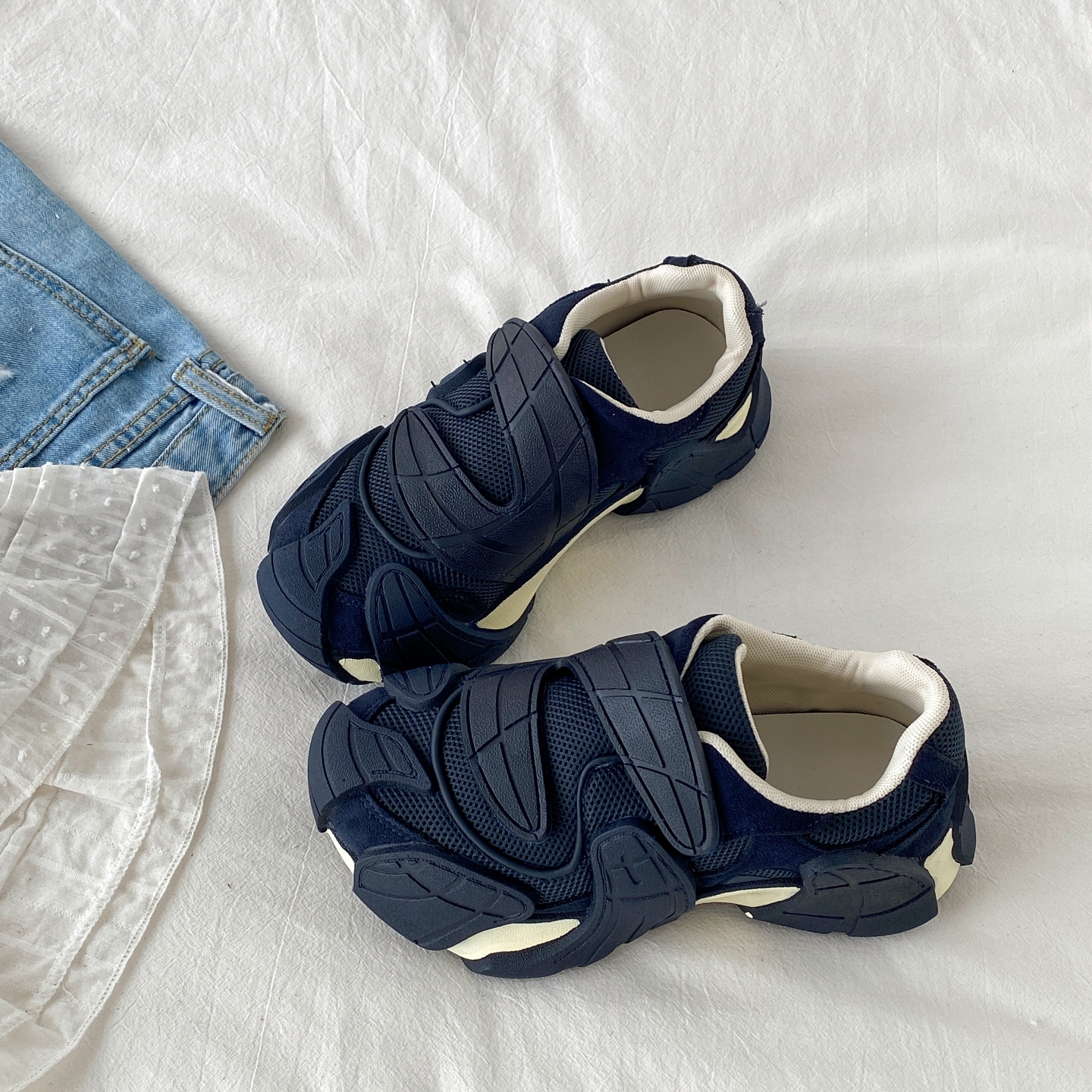 爆款藏青色魔术贴老爹鞋厚底鞋子