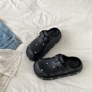 喜叔 黑色星星厚底包头半拖鞋女外穿增高防滑勃肯凉拖鞋eva洞洞鞋