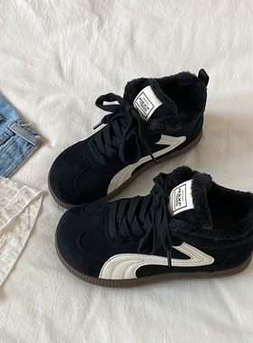 喜叔冬季加绒黑色高帮棉鞋女2025新款复古百搭德训鞋休闲运动板鞋