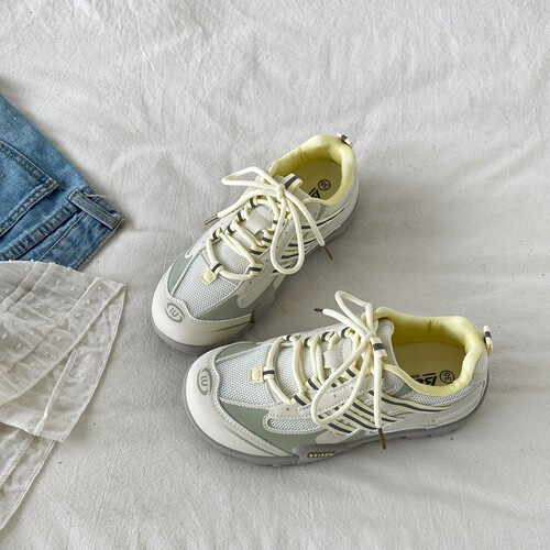 复古黄色网面运动鞋透气阿甘跑鞋