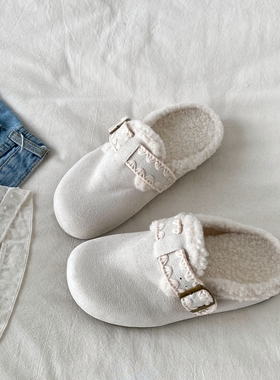 喜叔白色加绒保暖半拖勃肯鞋女冬季外穿包头穆勒鞋一脚蹬毛毛拖鞋