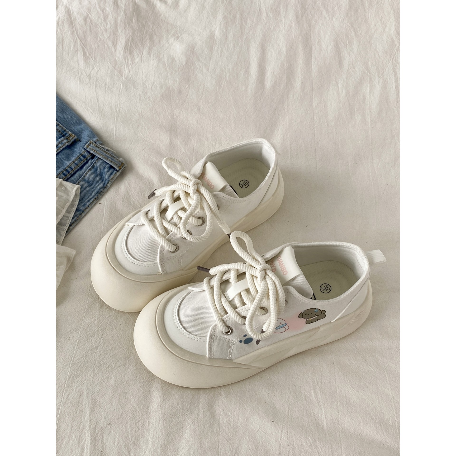 喜叔可爱卡通印花小白鞋女款夏季薄款透气帆布面包鞋厚底增高板鞋,女鞋,休闲板鞋,淘宝优惠券,粉丝福利购,淘宝优惠卷