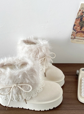 喜叔白色厚底毛毛雪地靴女冬季外穿加绒保暖蝴蝶结棉鞋毛绒短靴子