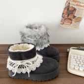 保暖加绒高帮棉鞋 喜叔灰色三穿费尔岛毛毛雪地靴女款 冬季 毛毛短靴
