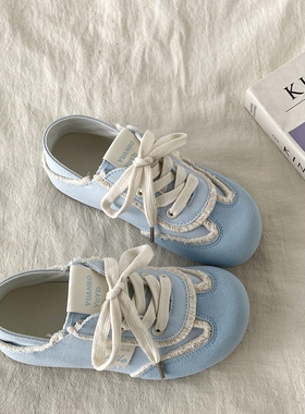 喜叔蓝色小众两穿德训鞋女款2025夏季新款透气薄底板鞋休闲小白鞋