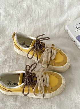 喜叔 复古小众黄色板鞋女2025新款夏季透气帆布鞋厚底运动休闲鞋
