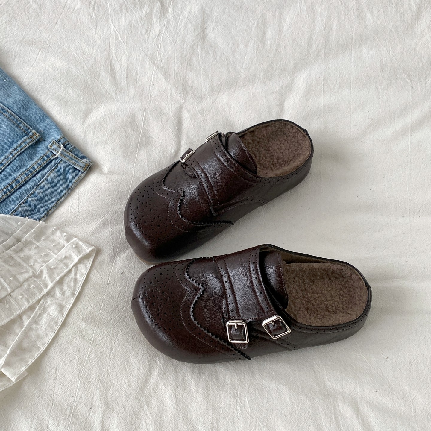 棕色加绒布洛克勃肯鞋一脚蹬棉鞋