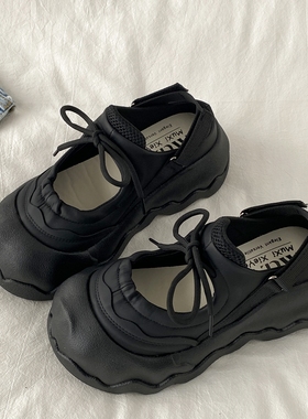 喜叔黑色厚底运动包头凉鞋女夏季镂空透气老爹鞋丑萌大头玛丽珍鞋