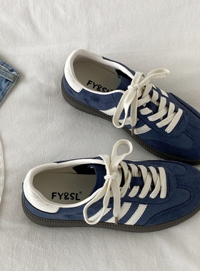 喜叔美式复古藏青色德训鞋女2025秋季新款平底休闲运动板鞋阿甘鞋