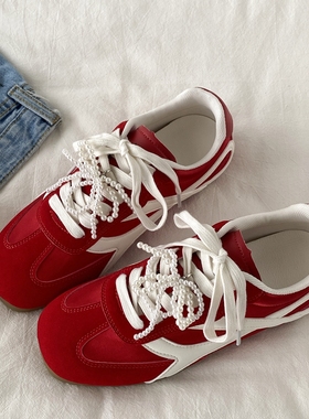 喜叔 复古红色芭蕾风德训鞋女款夏季透气薄底运动休闲鞋阿甘板鞋