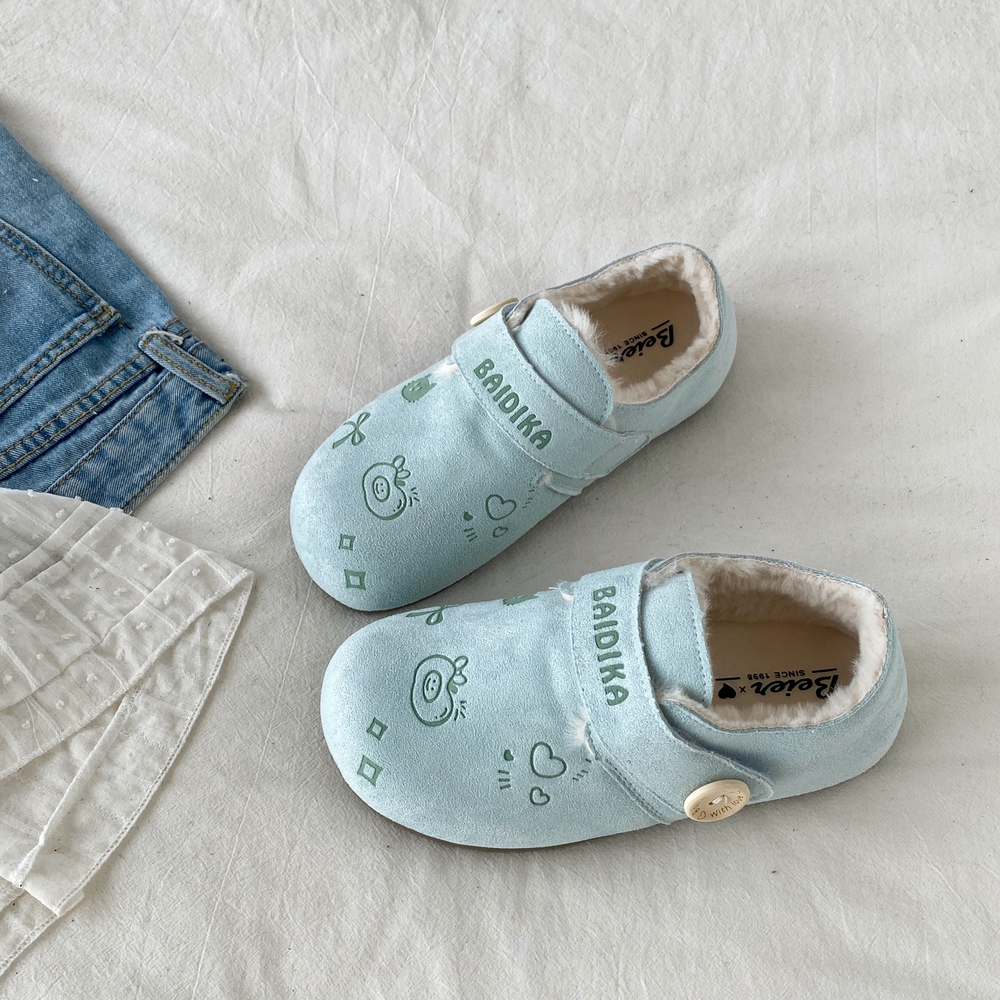 可爱卡通加绒勃肯棉鞋外穿毛毛鞋