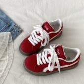 港风小众运动休闲鞋 喜叔红色复古圆头板鞋 新款 德训鞋 女款 2025秋季