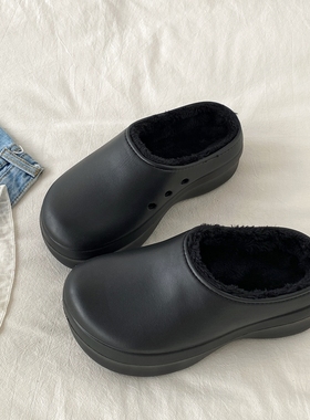 喜叔复古黑色厚底包头棉拖鞋女秋冬外穿防水防滑保暖加绒厨师鞋男