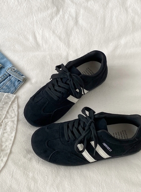 喜叔黑色德训鞋女款秋冬百搭薄底赛车鞋复古阿甘鞋休闲运动板鞋子