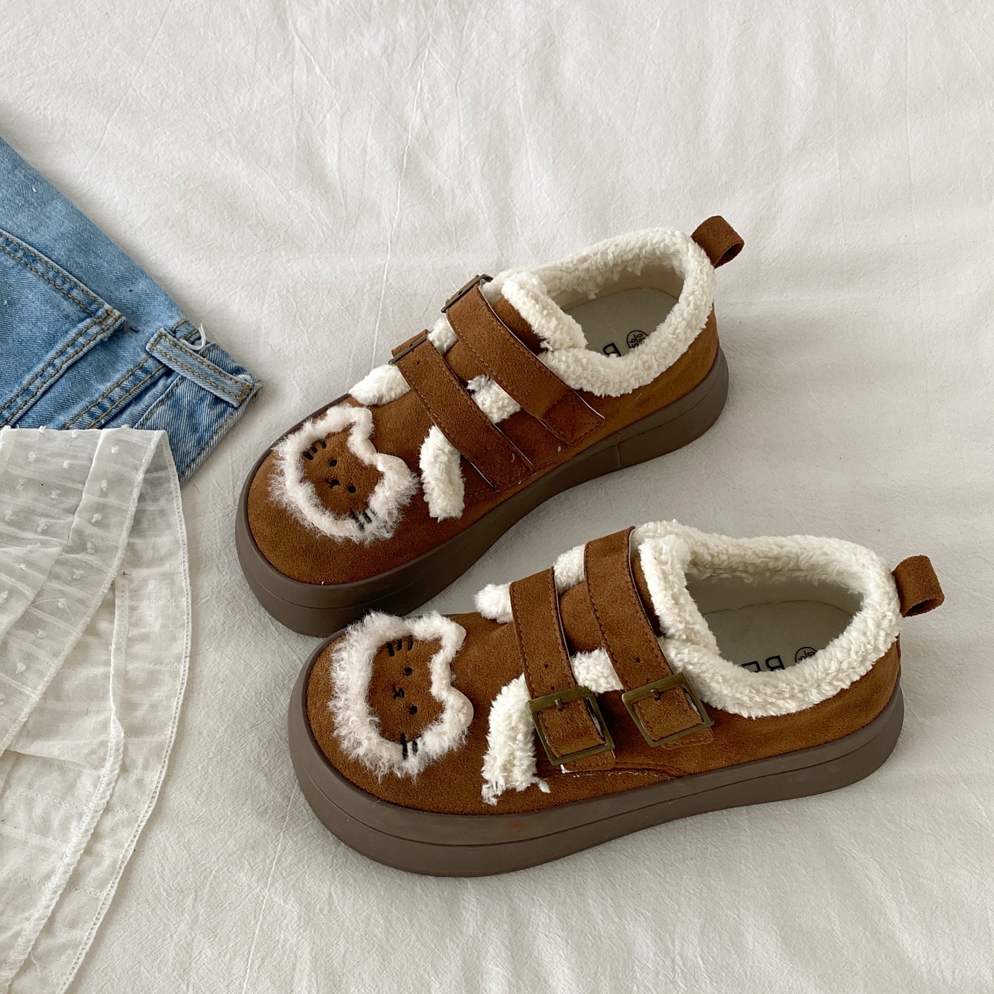 复古丑萌棕色猫咪二棉鞋加绒板鞋