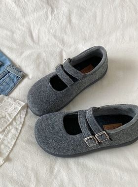 喜叔灰色双扣带毛呢玛丽珍鞋女2025新款冬季加绒勃肯毛毛鞋棉鞋子