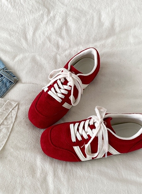 喜叔复古红色德训鞋女百搭系带阿甘鞋休闲运动鞋小众设计感板鞋潮