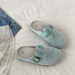 包头拖鞋 新款 一脚蹬凉拖 女外穿2025秋季 喜叔配裙子小众花朵勃肯鞋