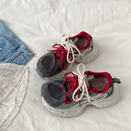 灰红撞色厚底老爹鞋显脚小运动鞋