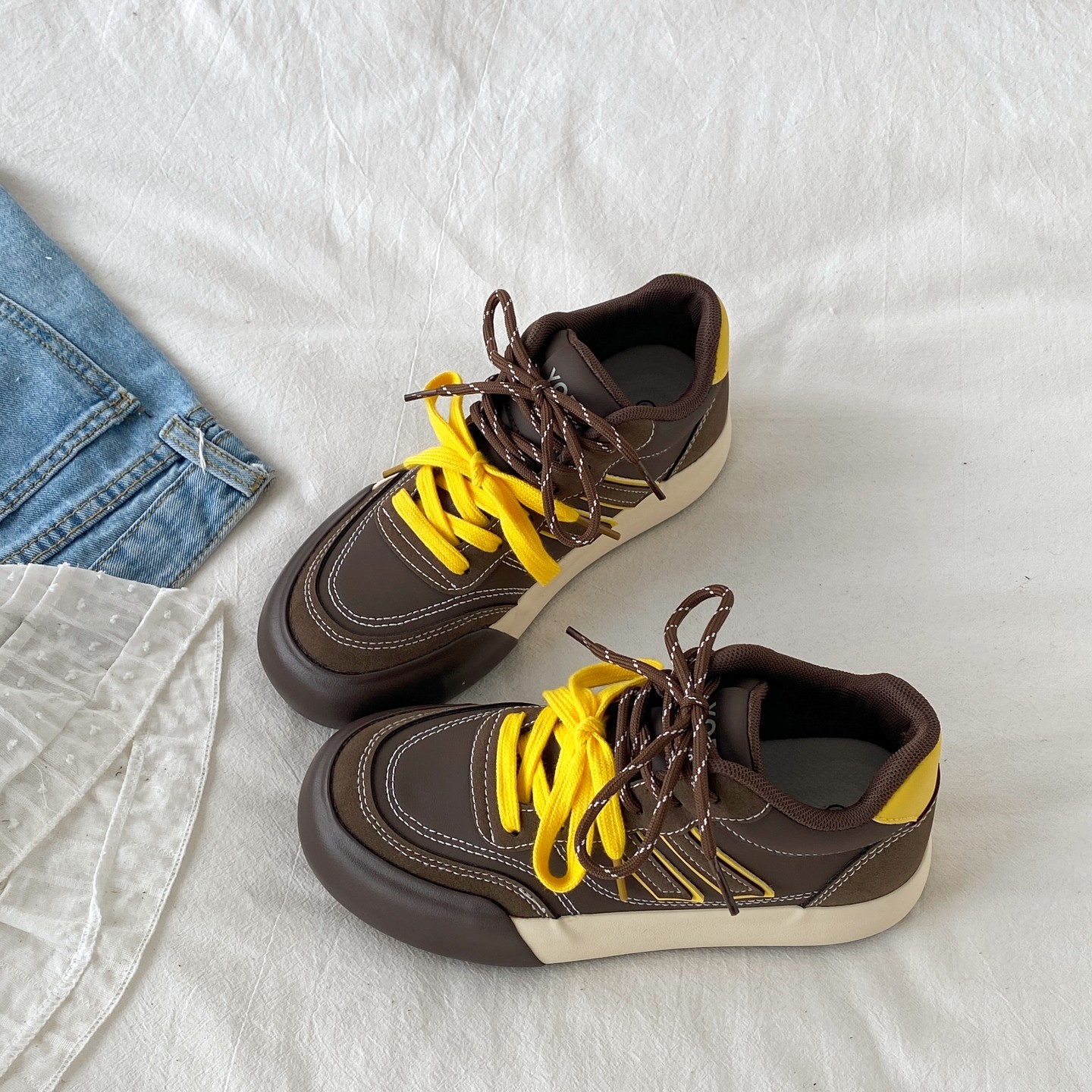 喜叔小众黄棕撞色德训鞋女2025新款秋冬复古厚底板鞋高帮休闲鞋子,女鞋,休闲板鞋,淘宝优惠券,粉丝福利购,淘宝优惠卷