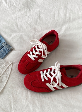 喜叔红色软底德训鞋女2026春季新款韩系复古阿甘鞋休闲运动板鞋子