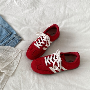 休闲运动板鞋 喜叔红色软底德训鞋 韩系复古阿甘鞋 新款 子 女2026春季