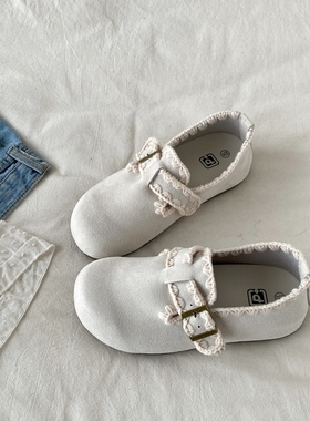 喜叔 白色平底全包勃肯鞋女2026春季新款穆勒鞋配裙子一脚蹬单鞋