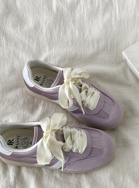 喜叔 韩版紫色芭蕾德训鞋女2025春季新款透气缎面板鞋chic小白鞋