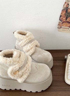 喜叔白色厚底增高雪地靴女款冬季保暖休闲高帮棉鞋加绒勃肯毛毛鞋
