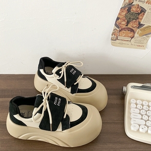 喜叔原创小众厚底大头板鞋女款百搭复古增高休闲面包鞋不撞款鞋子