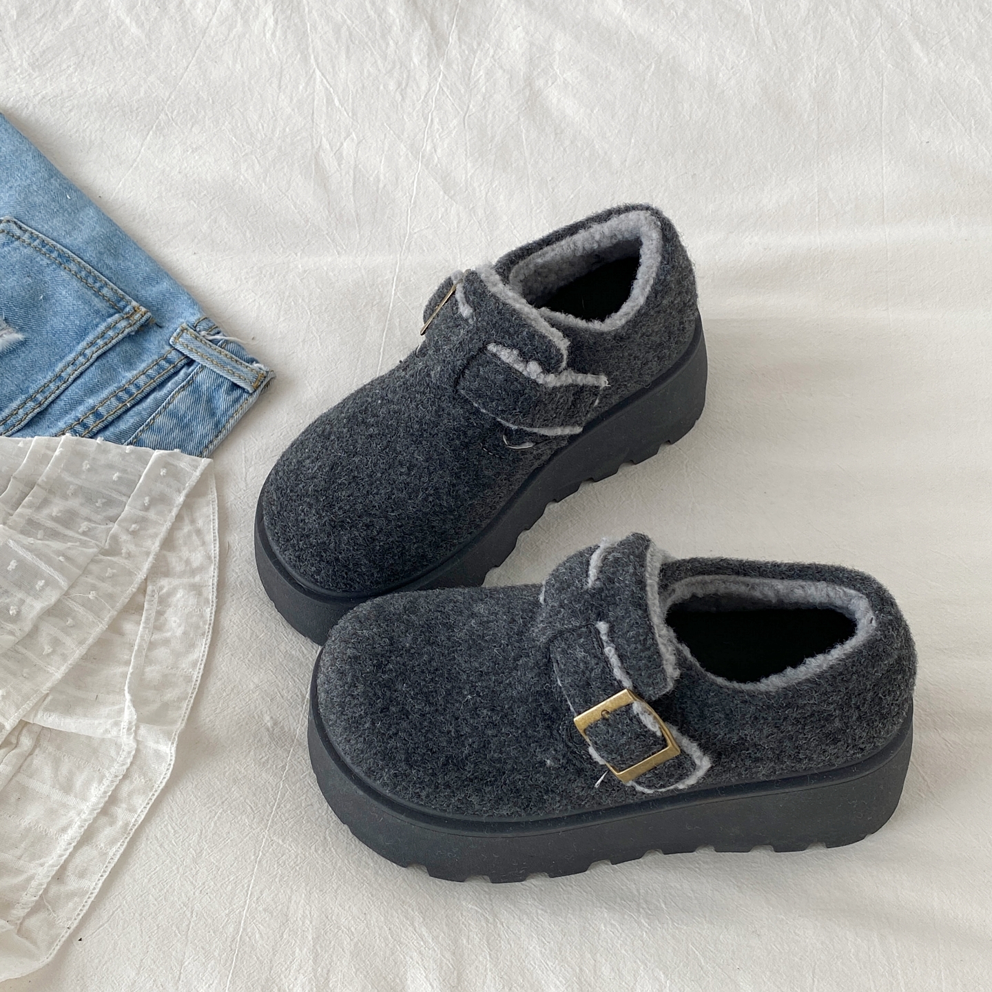 高级感灰色厚底加绒保暖勃肯棉鞋