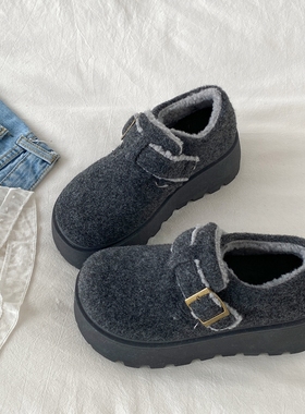 喜叔 灰色增高厚底加绒勃肯鞋女2025新款冬季加厚保暖棉鞋乐福鞋