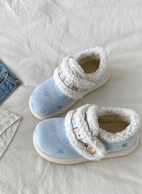 喜叔蓝色星星魔术贴棉鞋女2025新款冬季加绒毛毛勃肯鞋保暖雪地靴