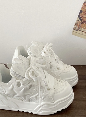 喜叔 国潮ins风白色星星面包鞋女厚底增高板鞋chic百搭休闲运动鞋