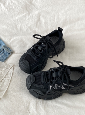 喜叔 黑色厚底老爹鞋女ins潮显脚小复古透气休闲运动鞋户外登山鞋