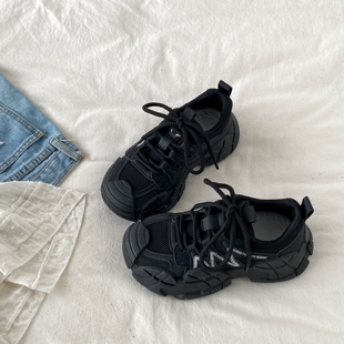 喜叔 女ins潮显脚小复古透气休闲运动鞋 户外登山鞋 黑色厚底老爹鞋