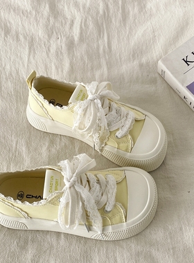 喜叔丑萌黄色蕾丝帆布鞋女2025新款夏季小众芭蕾风板鞋厚底大头鞋