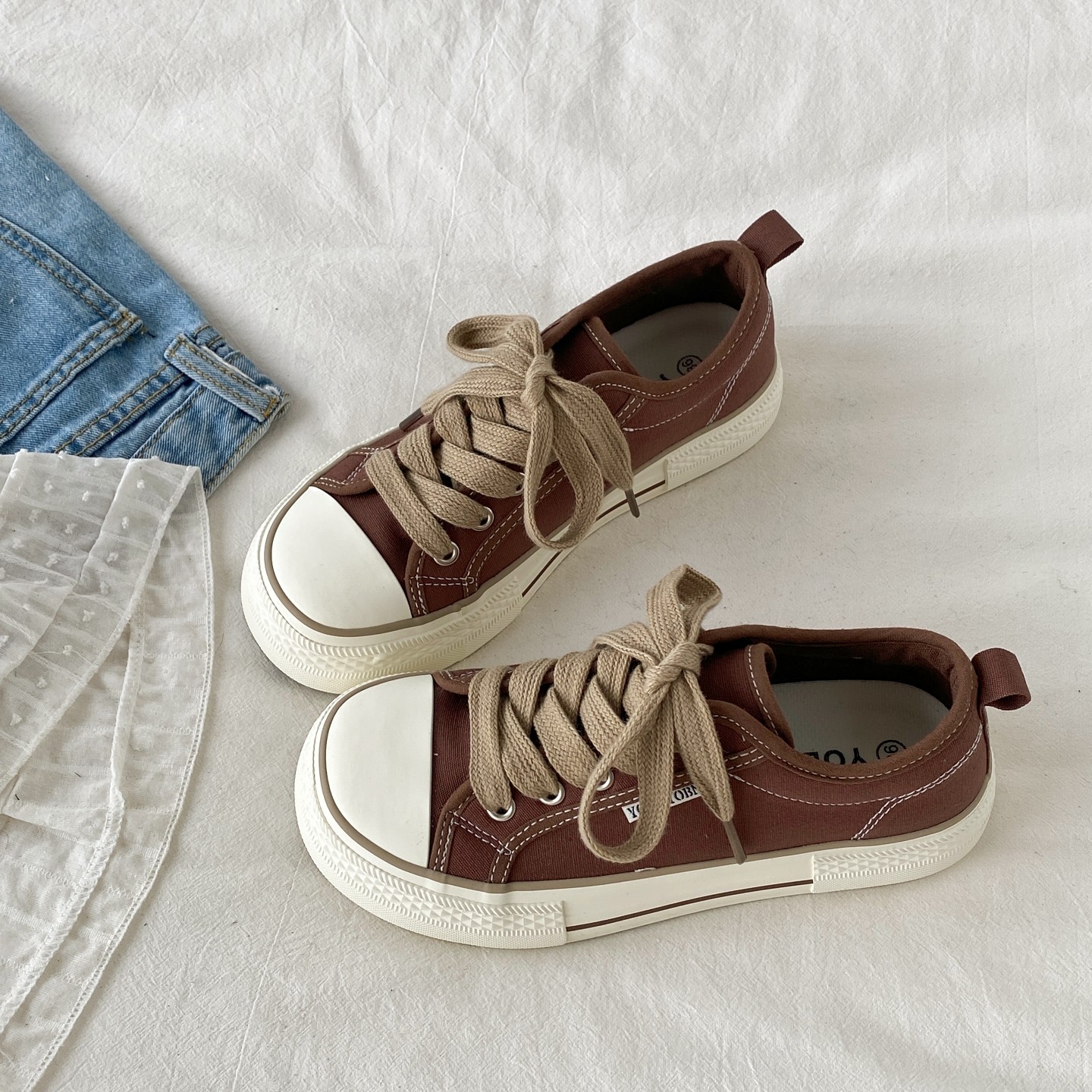 喜叔美拉德复古棕色厚底帆布鞋女2025新款秋季百搭芒果头休闲板鞋