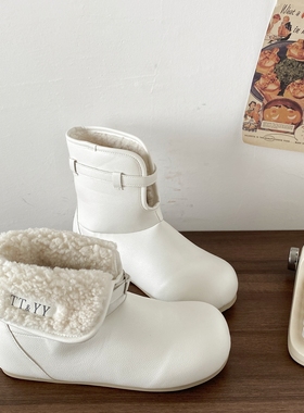 喜叔两穿翻边白色皮面雪地靴女冬季保暖加绒勃肯棉靴时尚休闲短靴