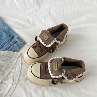 喜叔 复古棕色厚底高帮帆布鞋女款秋冬复古百搭休闲板鞋两穿鞋子