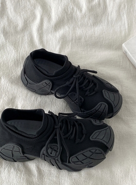 喜叔 ins超火黑色袜子鞋女款夏季网面透气运动鞋轻便休闲跑步鞋潮