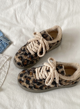 喜叔冬季加绒豹纹德训鞋女2025新款复古厚底毛毛鞋百搭保暖二棉鞋