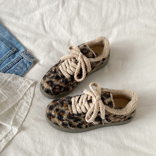 加绒豹纹德训鞋秋冬保暖毛毛鞋子