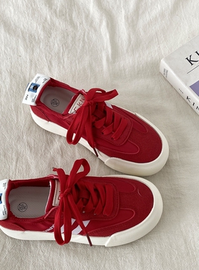 喜叔红色芭蕾德训鞋女款2025新款夏季薄款透气帆布鞋休闲运动板鞋