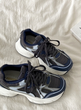 喜叔 复古蓝色休闲运动鞋女款春秋百搭小众厚底老爹鞋轻便跑步鞋