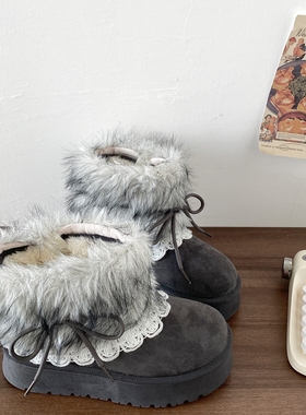 喜叔灰色毛绒费尔岛雪地靴女冬2025新款加绒加厚棉鞋保暖厚底短靴