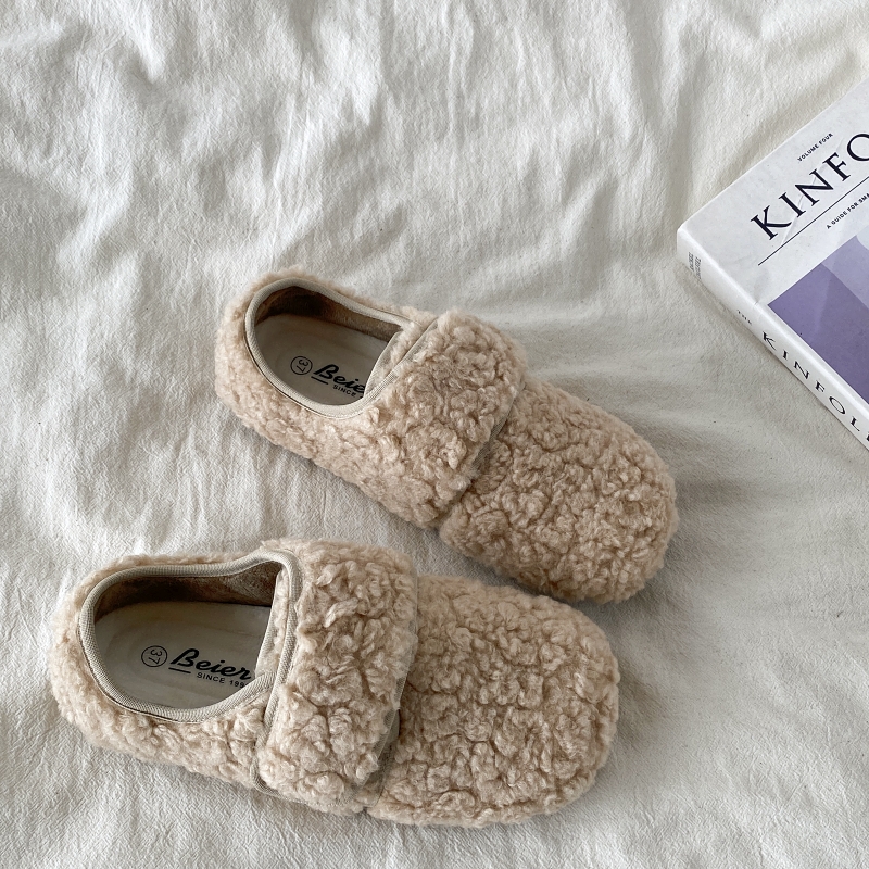 平底魔术贴毛毛棉鞋一脚蹬豆豆鞋