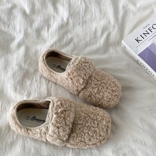 喜叔 冬季保暖羊羔毛棉鞋女2025新款平底加绒豆豆鞋魔术贴勃肯鞋