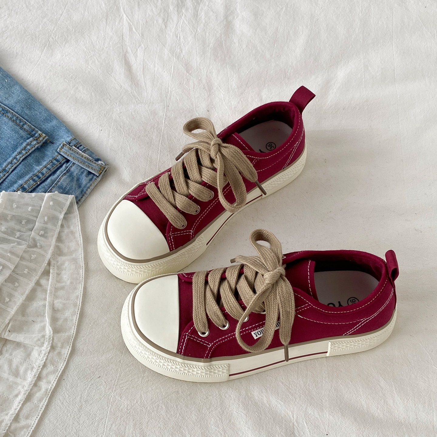 复古红色芒果头帆布鞋增高板鞋子